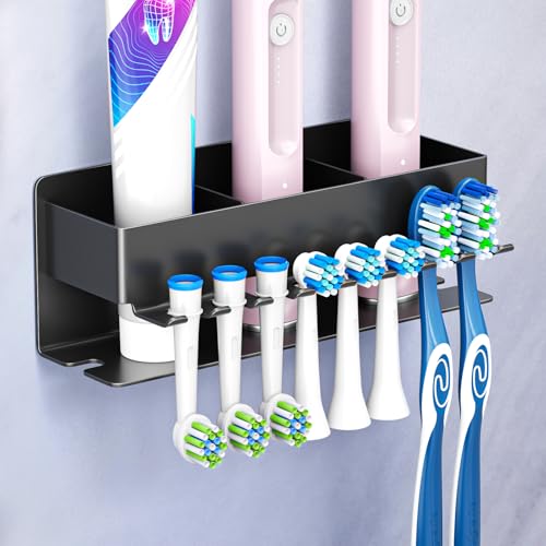 Image of Toothbrush Head Holders, Electric Tooth Brush Head Holder, Adhesive Toothpaste Holder for Shower Bathrooms, Wall Mounted Tooth Brushing Holder Organizer Storage (Black, Large)