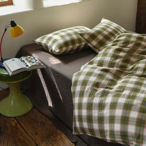 Image of EAVD Vintage Style Gingham Duvet Cover Full Soft 100% Muslin Cotton Yarn-Dyed Textured Chic Pink&Green Grid Plaid Bedding Set with 2 Pillowcases British-Style Plaid Duvet Cover with Zipper