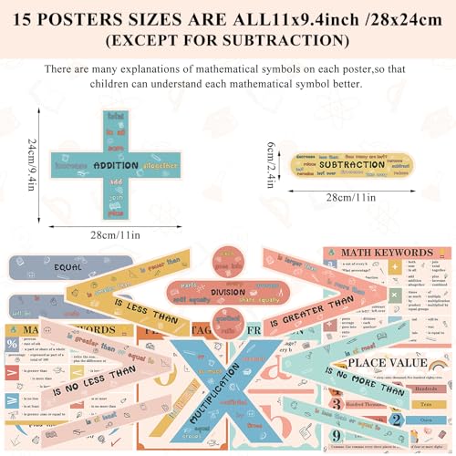 Image of Geyoga 15 Pcs Educational Math Posters Set for Elementary Classroom Symbol Keywords Vocabulary Addition Subtraction Multiplication Division Poster for Middle School Homeschool Supplies(Bohemian)