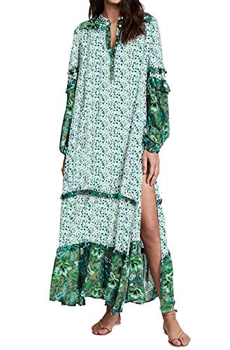 R.Vivimos Women's Long Sleeve Floral Print Bohemian Maxi Dresses with Slit (Large, Green)