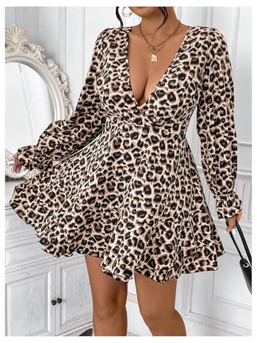 Floerns Women's Plus Size Cheetah Long Sleeve A Line Dresses V Neck Ruffle Hem Party Dress4