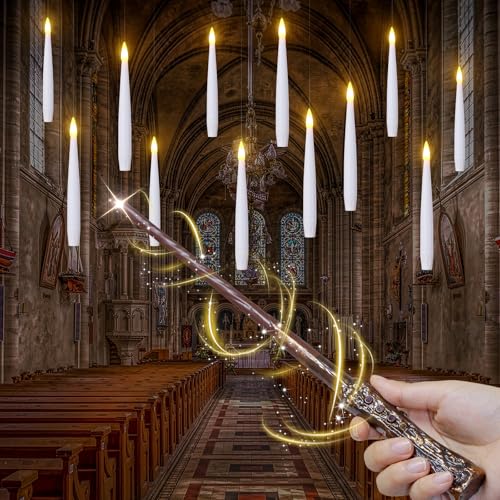 Bryxidor LED Floating Candles with Wand Remote 12pcs Timer Function Flickering Taper Flameless Electric Hanging 1.2cm x15.5cm Battery Operated Fake White Plastic Candles for Halloween Decoration