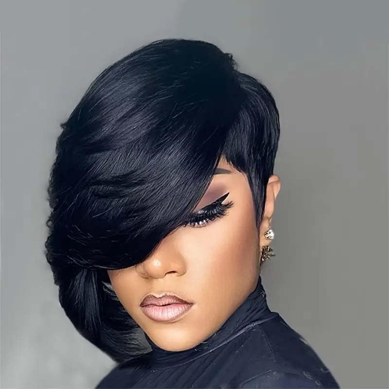 Fashion Full Machine Made Wig 8 inch Short Straight Pixie Cut Wigs with Bangs for Black Women Glueless Rose Net Cap Brazilian Virgin Human Hair Short Layered Wigs Human Hair Narural Color