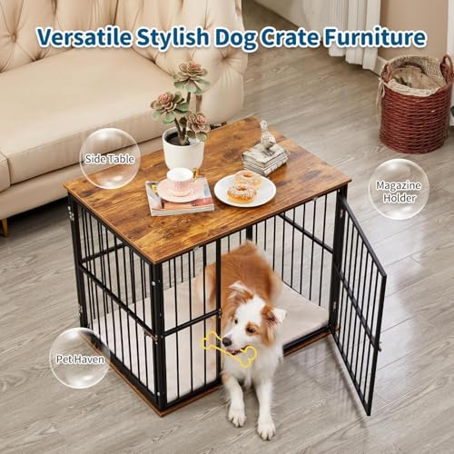 Image of Cature Wooden Dog Crate Furniture with Metal Frame | Heavy Duty Indoor Pet Kennel with Table Top | Decorative Dog Cage End Table for Small and Medium Sized Dogs (31.1x21.5x25.2 inches)