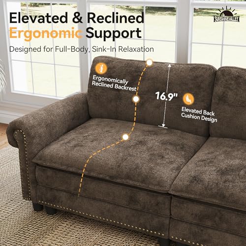 Image of SUNSHINE VALLEY 73.2 inch Modular Loveseat Cloud Couch Rolled Arms & Deep Seats | Mid-Century Modern 2-Seater Loveseat, Grayish Brown, Nailhead Trim, Wider & Deeper Seats, Soft Chenille Sofa for Living Room