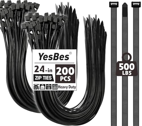 200 PCS Zip Ties 24 Inch Heavy Duty, Large Cable Ties 500lbs Tensile Strength, Black Zip Ties for...