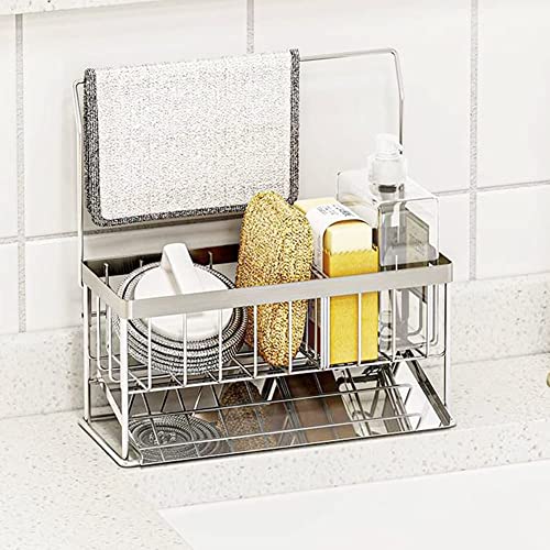 スポンジラック ステンレス製 スポンジ置き 取り外せる布巾掛け付き 可動式仕切り 台所 シンク用品洗剤置き シンクポケット 省スペース 大容量 組み立て簡単 水切り機能 キッチン用品 (A)