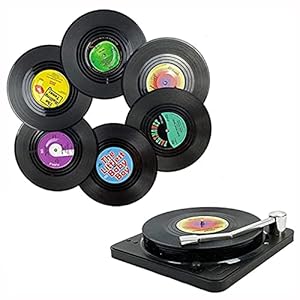Set van 6 onderzetters voor drankjes met platenspeler, anti-hitte slip, gepersonaliseerde onderzetters voor koffie, thee…
