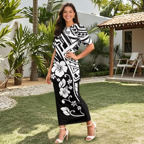 Image of Puletasi Samoan Traditional 2 Piece Outfits for Women Short Sleeve Crop Top and Maxi Skirt Sets Puletasi Dress