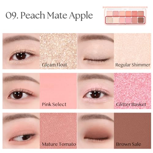 Image of CLIO Pro Eye Palette Air, 12-Color Eye Shadow Palette, Matte Shimmer Mix, Air-Fit Blendable Pigmented Buildable Color, Low Fallout, Peach Coral Neutral Tone, Daily Korean Makeup (09 PEACH MATE APPLE)