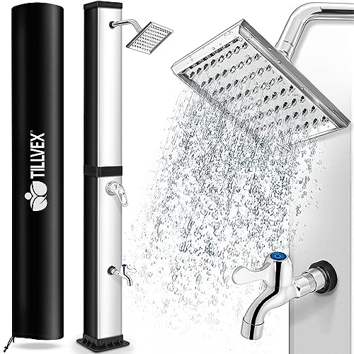 tillvex Solardusche 40 Liter inkl. Schutzhaube | Solar Garten-dusche warmes Wasser | Pooldusche Camping | ohne Stromanschluss | mit Wasserhahn und Regenduschkopf | Gartenschlauch-Anschluss