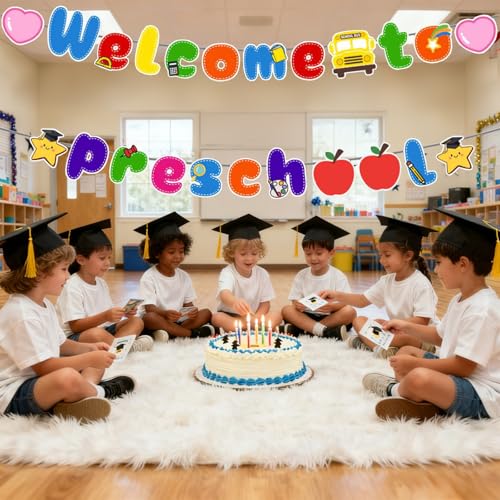 Image of Welcome to Preschool Banner for First Day of Preschool Decorations | Pre-Strung, Back to School, Classroom Office Hallway, Paper, Children Kids