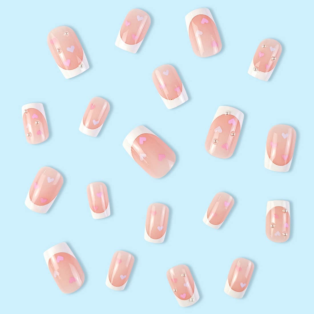 24 PCS Short False Nails French Fake Nails Love Heart with Pearl Design False Nails Pink & White False Nails Square Fake Nails Glossy False Nails Daily Decorative Art for Women and Girls - Image 2