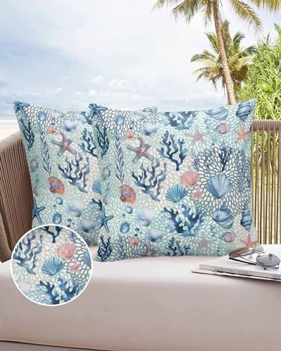 Boanket Outdoor Pillow Covers 18 x 18 in, Blue Teal Pink Coastal Waterproof Throw Pillow Cover Set of 2, Summer Nautical Coral Starfish Home Decorative Square Cushion Covers for Patio/Couch/Garden