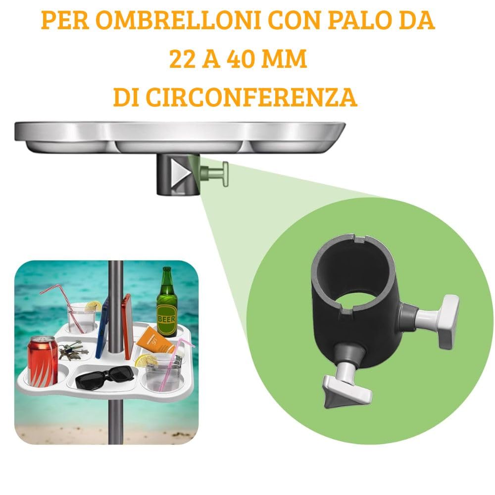 Tavolino Porta Oggetti per Ombrellone 35x35 cm – Tavolo Universale con Morsetto Regolabile 22-40 mm