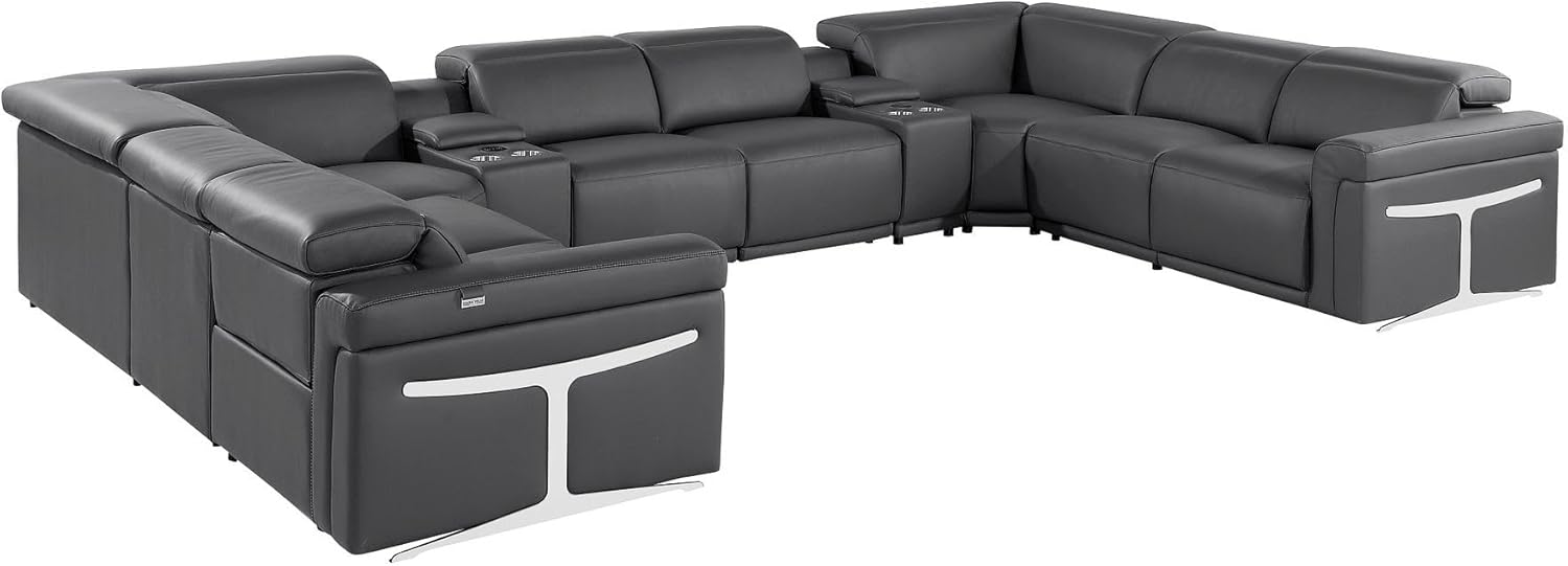 HomeRoots Dark Gray Italian Leather Power Reclining U Shaped Ten Piece Corner Sectional with Console