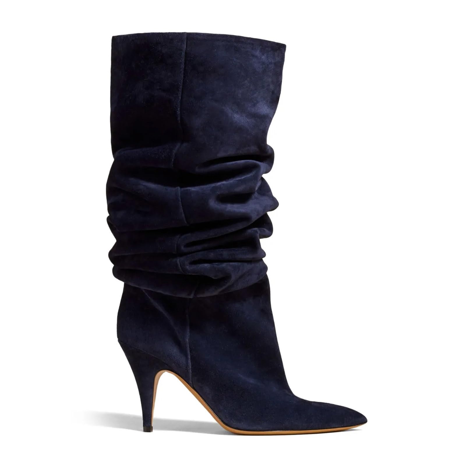 Slouchy Knee High Boots for Women Pointed Toe Kitten Heel Ruched Tall Boots Wide Calf Pull On Suede