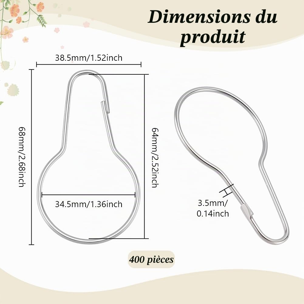400 Crochet de Rideau de Douche Anneaux de Rideau de Salle de Bain Clips de Suspension Crochets de Douche Réutilisables Anneaux en Métal Petits pour Tringles de Salle Bain Chambre Cuisine