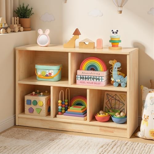 PTINFLUCE Rubber Wood Montessori Shelf Wooden Toy Storage Organizer for Books Toys 2 Shelf Bookcase 5-Section Storage Cabinet Toddler Book Shelf for Kids Rooms Playroom Nursery Kindergarten