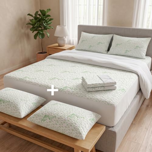 Image of AYKA Combo Pack Waterproof Mattress Protector & 2 Pillow Protectors | Queen 78x60 Inch | 100% Waterproof Aloevera Bed Protector | Breathable, Noiseless Mattress & Pillow Covers | White