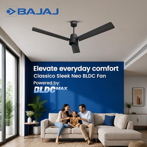 Image of Bajaj Classico Sleek Neo 5S 1200MM BLDC Ceiling Fan with Remote|LED speed indicator|BEE 5 Star Rated Energy Efficient|Power Saving|Sleek Compact Design|High Air Delivery|2Yr Warranty|Smoke Black