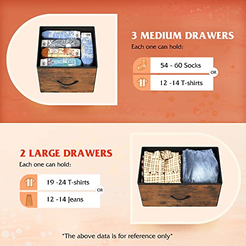 Image of WLIVE Dresser for Bedroom with 5 Drawers, Long Fabric Dresser, Storage Drawer Unit with Fabric Bins for Closet, Hallway, Rustic Brown Wood Grain Print, Size L