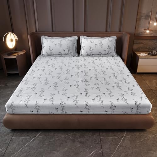 Image of Divine Casa 210 TC Cotton King Size Bedsheet | Soft Breathable Pigment Twill Satin Bed Sheet with 2 Pillow Covers | Luxury Double Bed Bedsheet | 275 x 275 cm (Natural Grey, Floral)