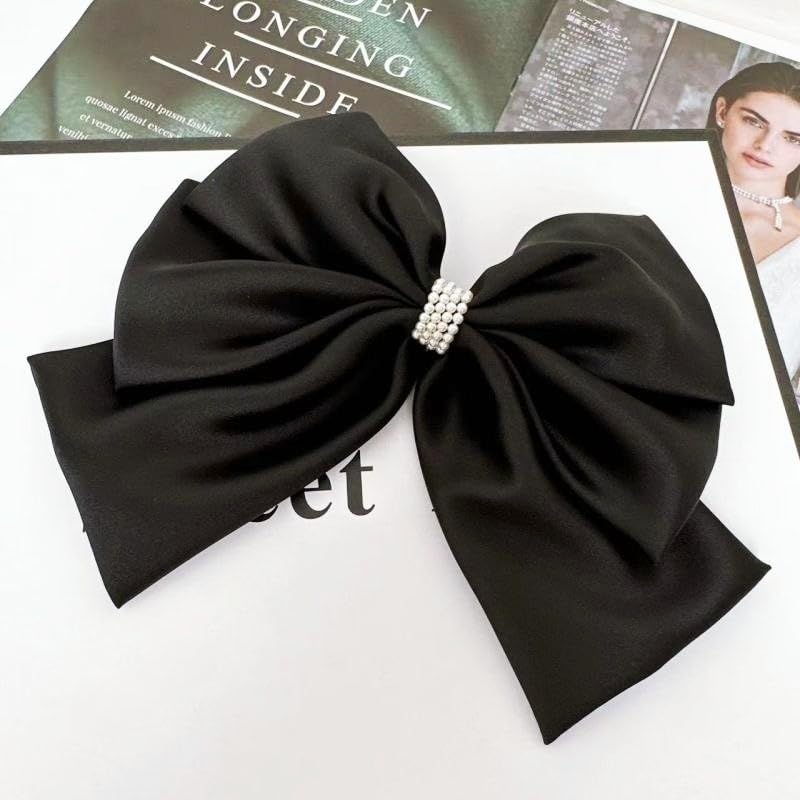 HAIRUO Large Bow with Pearl Hair Clip Women Teen Girls Fashion Cute Bow Pearl Black Clip Hair Accessories image 4