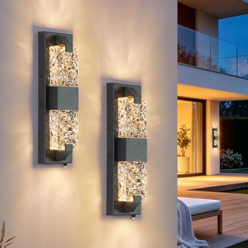 Image of Outdoor Wall Light Dusk to Dawn 12W LED | 15.3'' Exterior Wall Sconce, Crystal Modern Style, Wall Mounted, for Porch, Patio, Hallway, Backyard, 2Pack,Black