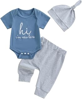 Twopumpkin Newborn Baby Boy Girl Clothes Outfits Short Sleeve Romper Bodysuit Cotton Pants and Hat Coming Home Outfit