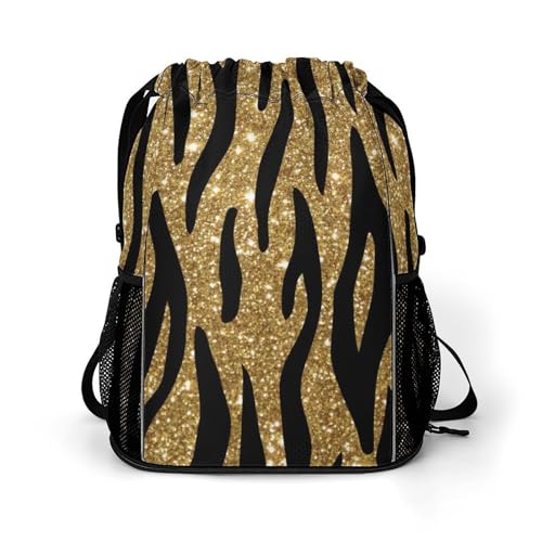 Gold Black Tiger Pattern Drawstring Backpack Gym Bag With Shoe Compartment String Bag Sport Beach Sackpack