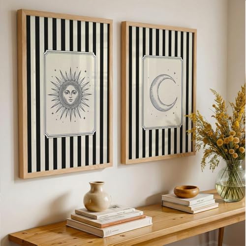 Image of Suneree Celestial Sun and Moon Wall Art Set of 2 Framed Paintings | Black Striped Tarot Style Illustration Poster | Boho Bedroom Living Room Home Decor (Art 7, 10x13 Inches)