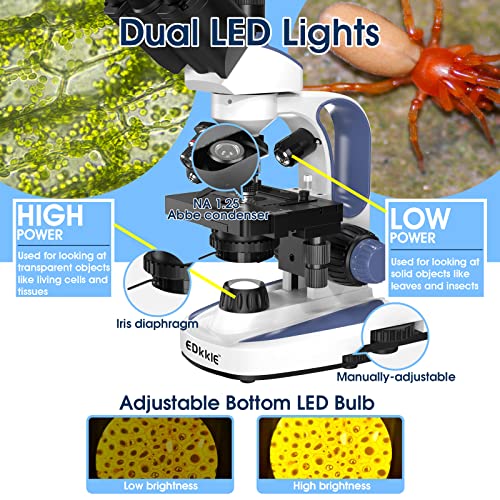 Edkkie 40X-2500X Lab Compound Trinocular Microscope Built-In 5Mp Camera With 7’’ Screen, Wide-Field 10X And 25X Eyepieces, Dual Illumination System, Double Layer Mechanical Stage #TOP3