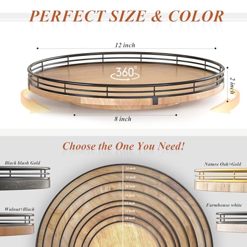 Image of 12 inch Lazy Susan Oak Wood Turntable Organizer for Cabinet, Farmhouse Round Wooden Lazy Susan Organization and Storage for Dining Table, Pantry, Kitchen, Bathroom, Countertop, Cupboard, Home Decor