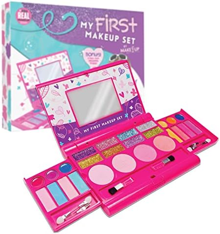 MAKE IT UP - My First Makeup Set for 5+ Year Old Young Girls (Original Design) - Integrated Foldable Makeup Palette with Mirror & Secure Closing - Easily Washable, Non-Toxic - Safety Tested - Pink
