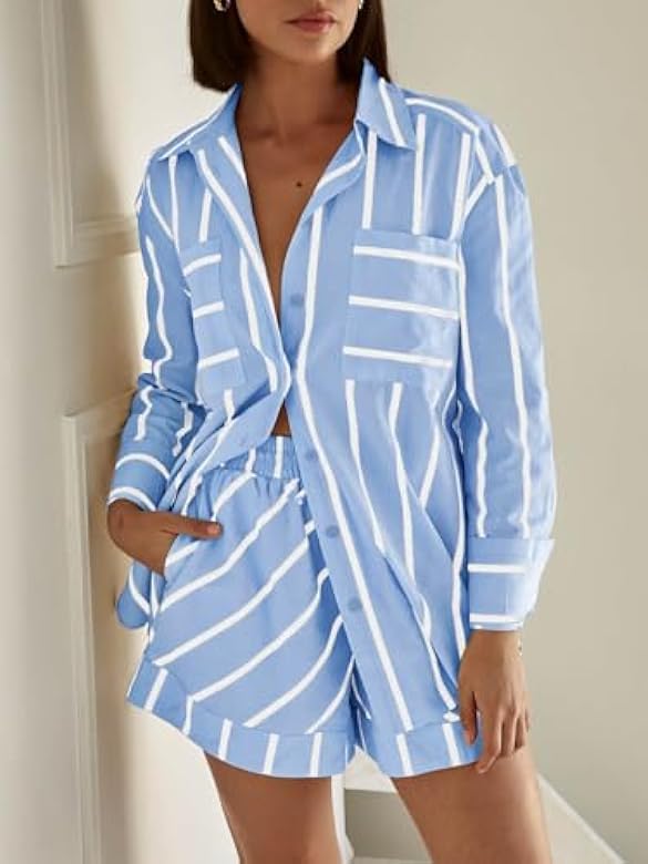 Image of Womens Striped 2 Piece Set Button Down Shirt & High Waist Drawstring Shorts Summer Lounge Matching Outfits