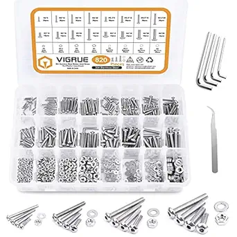VIGRUE 820pcs M4 M3 M2.5 M2 Button Head Socket Cap Screws Bolts Nuts Washers Assortment Kit, 304 Stainless Steel Metric Screw Set, Small Bolts and Nuts Kit