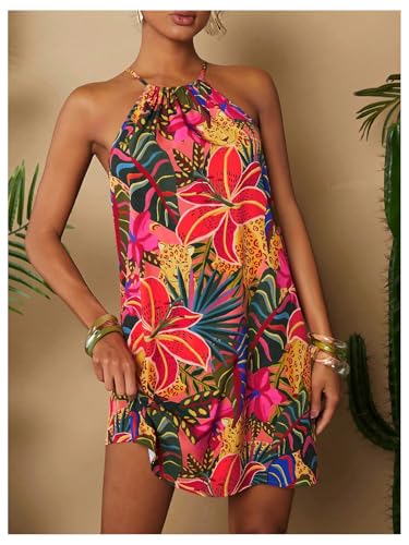SweatyRocks Women's Tropical Print Halter Dresses Sleeveless Holiday Summer Mini Dress4