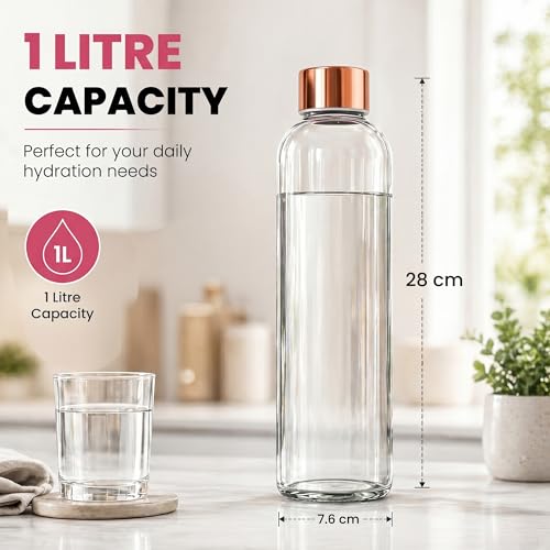 Image of Rioware Glass Water Bottle 1 Litre | Airtight lid | Leak Proof | Silicon Cap | Fridge Water Bottles for Home, Office & Gym (1 Ltr- Pack Of 2, Gold)