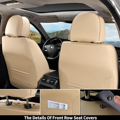 Image of Coverado Front and Back Seat Covers for Cars, Nappa Leather Car Seat Covers, Automotive Seat Covers for Trucks, 5 Seats Waterproof Carseat Protector Car Seat Cover Beige, Universal Fit for Most Cars