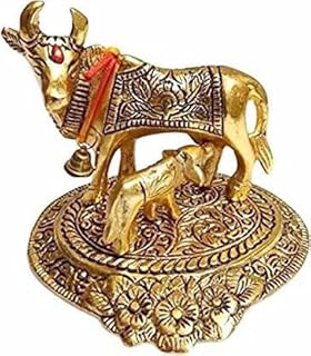 Kamdhenu Cow with Calf Statue Decorative Showpiece - 9 cm (Metal, Gold)