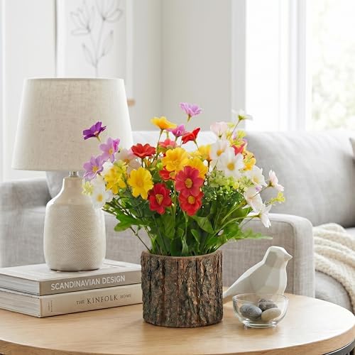 Image of Dekorly Artificial Multi Colore Daisy Flower with Real Wooden Vase (28CM Overall Height) | Decorative Lifelike Faux Floral Plant in Rustic Tree Log Pot for Living Room(Multi Colour Daisy)