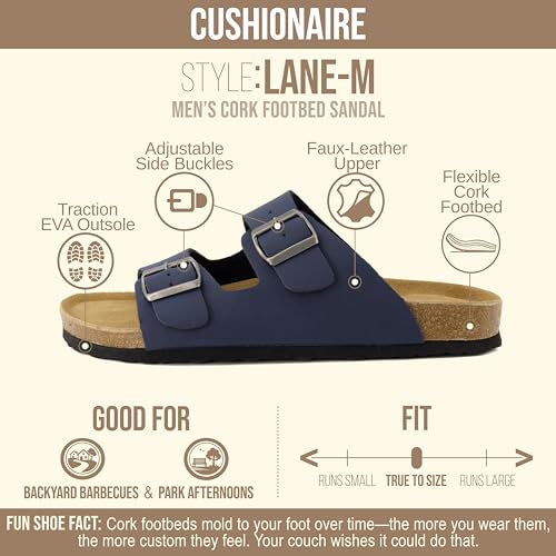 Image of CUSHIONAIRE Lane Cork Footbed Mens Sandals, Adjustable Buckle Comfort Slides for Men, Genuine Leather Insole Summer Sandals Men Footwear