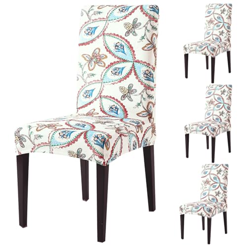 Image of HOKIPO Premium Printed Velvet Chair Cover Set of 4 for Dining Table, Beige Persian Garden (AR-5794-D9*4)