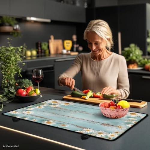 Image of Stove Top Covers for Electric Stove Heat Resistant Glass Ceramic Cooktop Cover Mat Multipurpose Kitchen Heat Resistant Flat Top Stove Cover, 29 x 21 Inch, Daisy Pale Blue Wood Grain