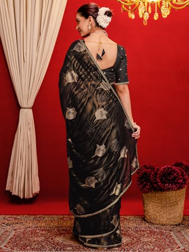 Image of SIRIL Women's Georgette Foil Printed Saree with Unstitched Blouse Piece