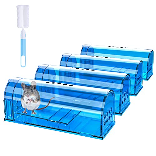 4 Pack Humane Mouse Traps No Kill, Catch and Release Live Mouse Trap Indoor for Home, Reusable Mice Trap Cage with Cleaning Brush(Blue)