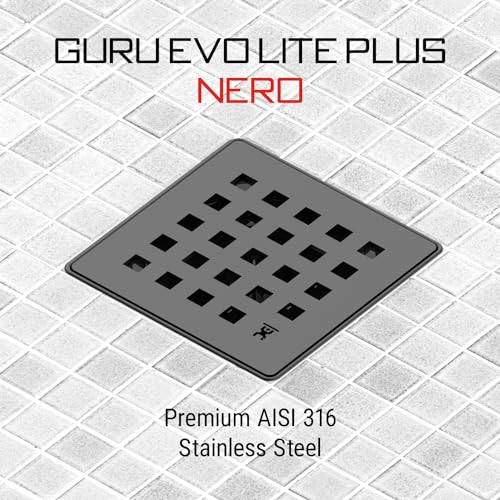 GURU USA Evo Lite Plus Square Stainless Steel Shower Drain with ABS Base & Hair Strainer, Bathroom Accessories for Shower Floor Drainage, Plus Nero - Image 3