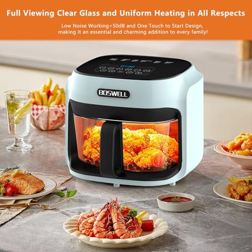 Image of 7.5 QT Glass Air Fryer, Transparent Fry Bowl, Circulating Heating & Temperature Control, Stainless Steel Interior, Dishwasher Safe, Green