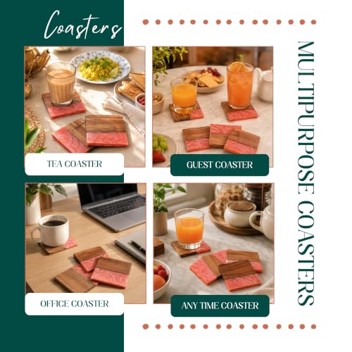 Image of Ireka Home Blush Tide Coaster Acacia Wood and a Dreamy Blush Pink Resin Coaster Pack of 4 |10x10cm | Hand Wash | Modern Tabletop Essentials